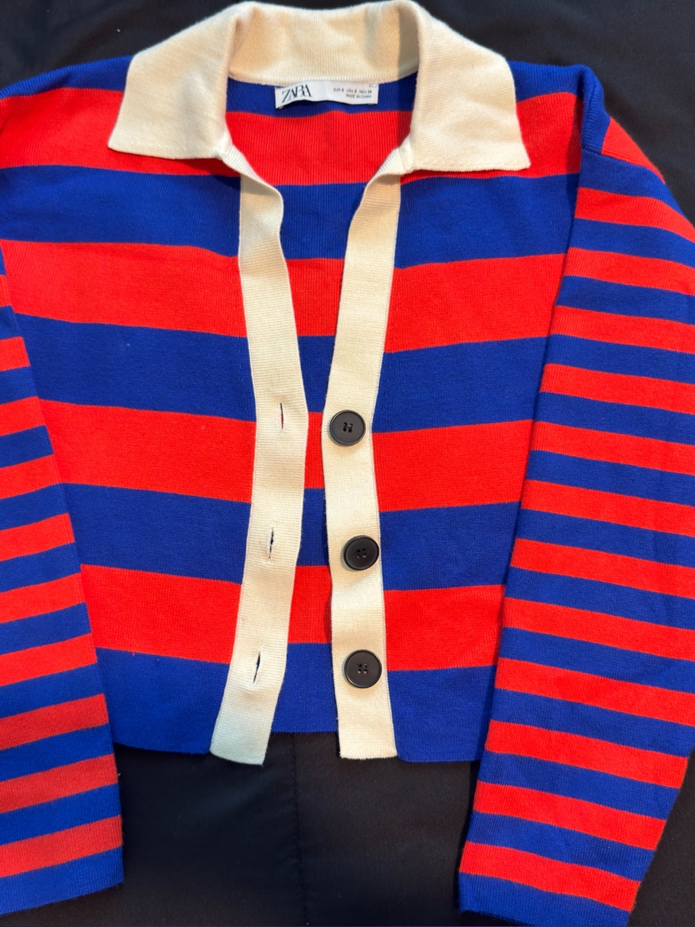 ZARA Red & Blue Striped Button Cardigan with Cream Trim